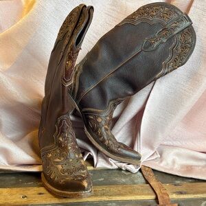 Embossed brown Leather Cowboy Boots with Intricate Design